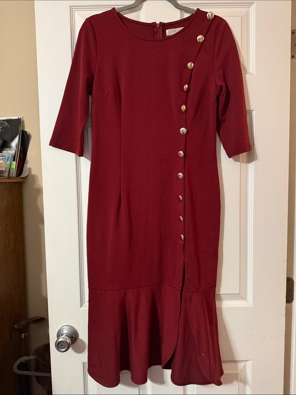 NWOT Queenus Wine Red Asymmetric Gold Button Ruffle Hem Midi Dress - Size M